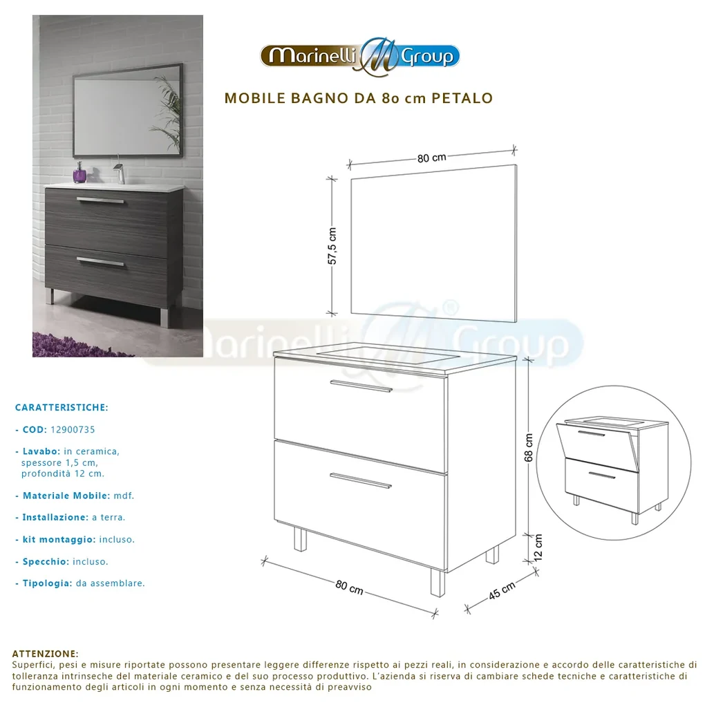 Mango Mobile bagno 80x45 due cassetti soft close con lavabo in