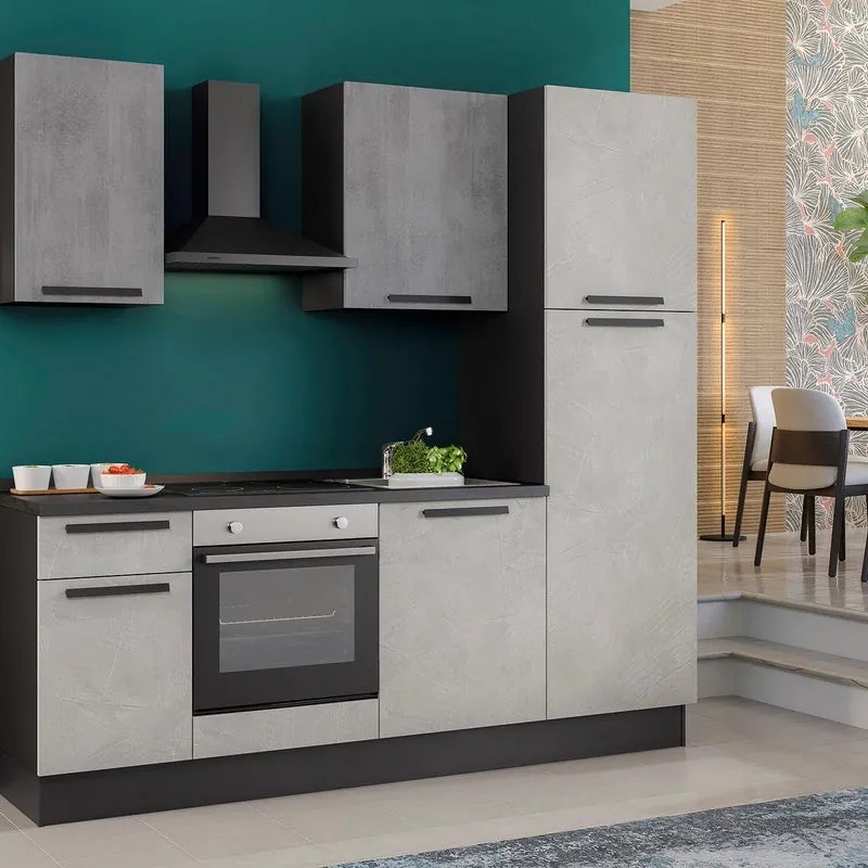 Cucina montata Dora bianco e grigio chiaro, lavello a sinistra, L.225 cm, completa di: cappa a camino, piano cottura a induzione, forno e frigorifero