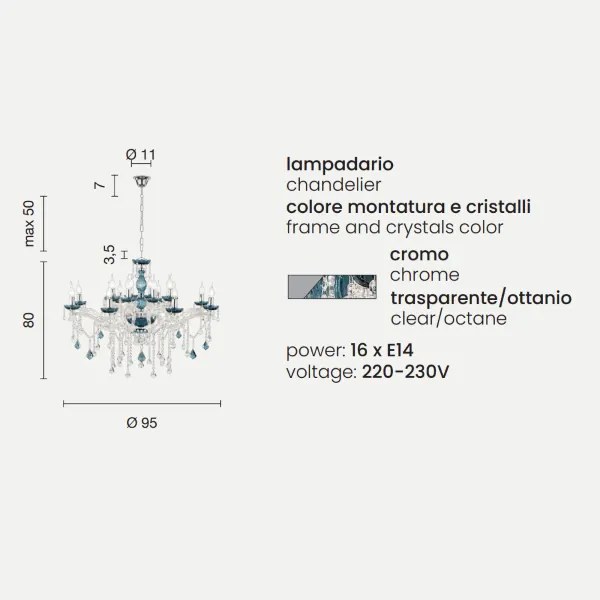 Lampadario a sospensione DAMASCO D95 cm con decorazioni in cristallo Ottanio 16 Luci