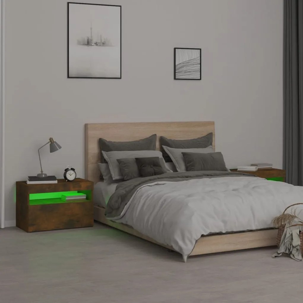 Comodini 2 pz con luci led rovere fumo 60x35x40 cm