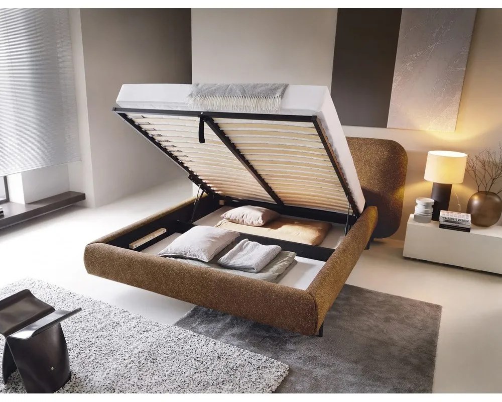 Letto matrimoniale imbottito giallo ocra con contenitore e rete inclusi 140x200 cm Pointt – ELTAP