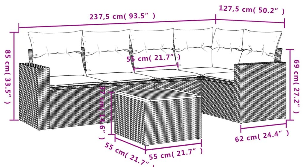 Set divano da giardino 6 pz con cuscini nero in polyrattan