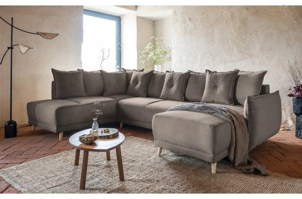 Divano letto angolare in velluto a coste marrone chiaro (angolo sinistro a forma di U) Lazy Lukka - Miuform