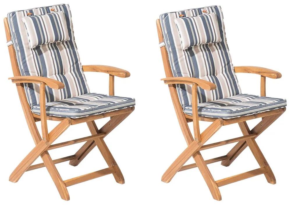 Set di 2 sedie da giardino in legno con cuscini a righe blu MAUI Beliani