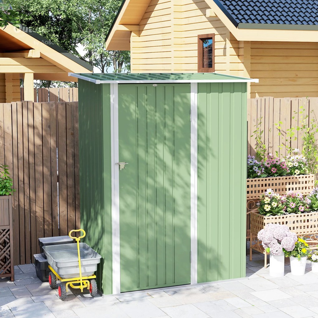 Capanno Porta Attrezzi 142x86x189 cm con Tetto Inclinato e Porta Bloccabile in Metallo Verde Chiaro...