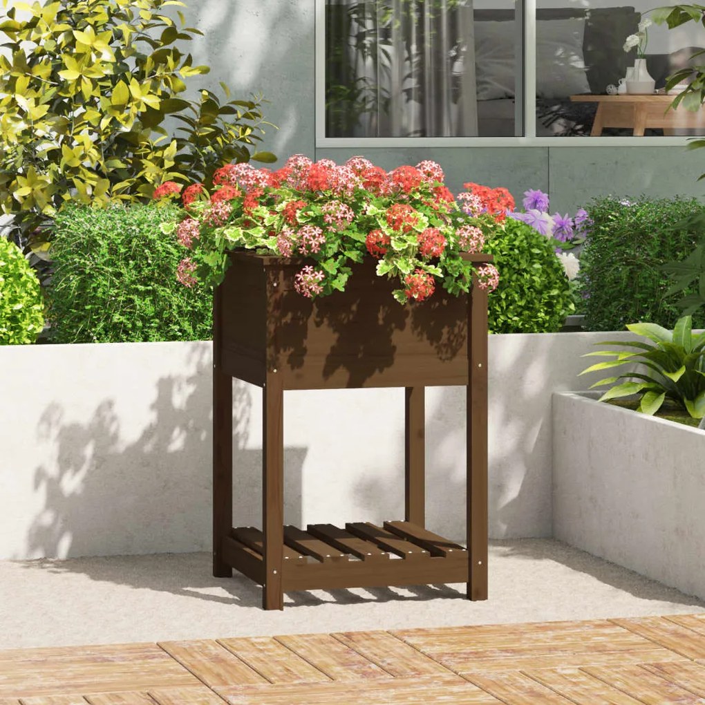 Fioriera Con Mensola Ambra 54x54x81cm İn Legno Massello Di Pino /