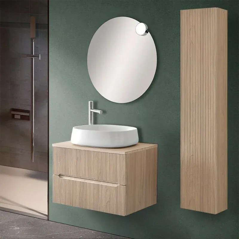 Mobile bagno sospeso cannettato 70 cm rovere chiaro con top e specchio Bali