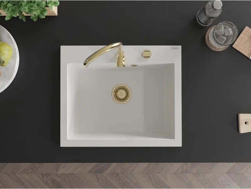 Mexen Elix lavello in granito 1-vasca 600 x 500 mm, bianco, sifone dorato - 6525601005-20-G