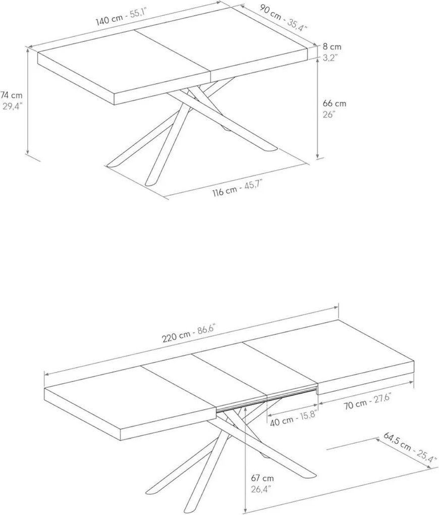 Tavolo CARRARA in legno, finitura grigio cemento e base in metallo verniciato bianco, allungabile 140×90 cm – 220×90 cm