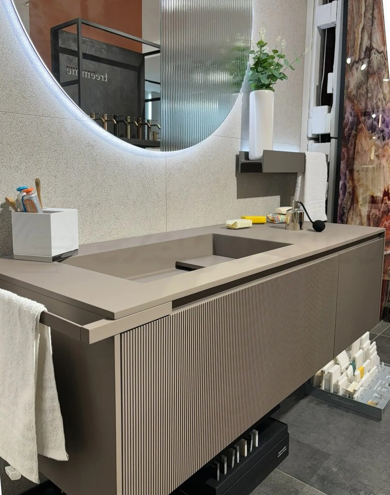 Mobile bagno Argilla Seta 137,4x54 cannettato Antonio Lupi Binario 03 due cassetti con lavabo in colormood