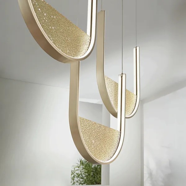 Lampada a sospensione LOTUS 3 Luci base rettangolare 106 cm e vetro granigliato ORO
