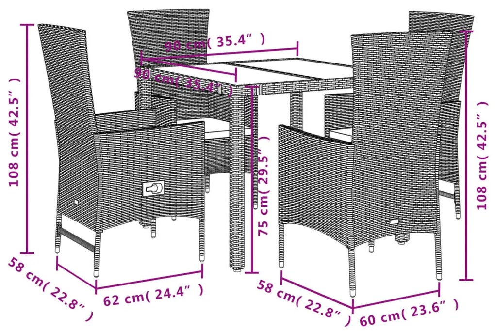Set da pranzo da giardino 5 pz con cuscini beige in polyrattan
