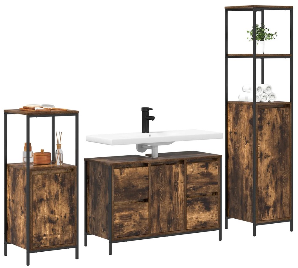Set di mobili da bagno a 3 pezzi in legno ingegnerizzato rovere affumicato