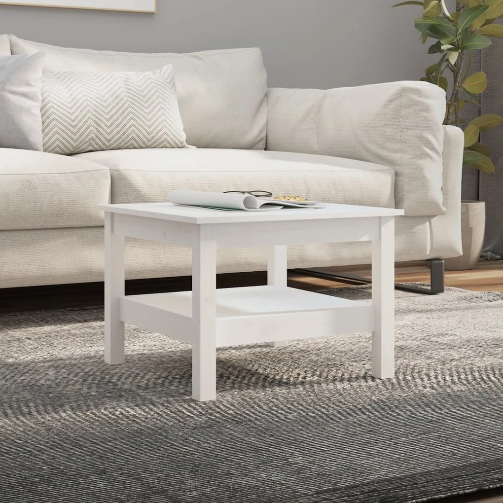 Tavolino Da Salotto Bianco 55x55x40 Cm Legno Massello Di Pino /