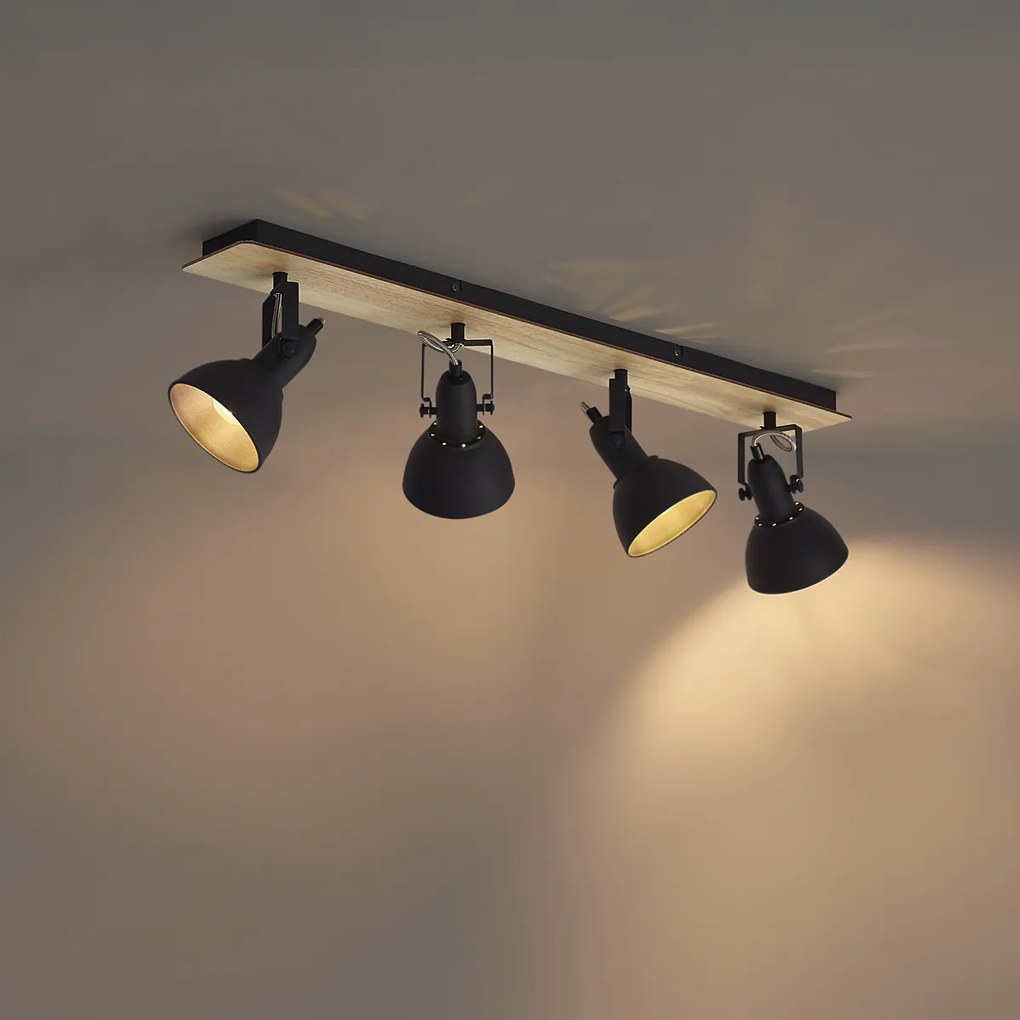 Faretto da soffitto nero con legno 4 luci orientabile e inclinabile - Jakub