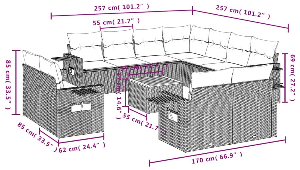 Set divani da giardino 12 pz con cuscini grigio in polyrattan