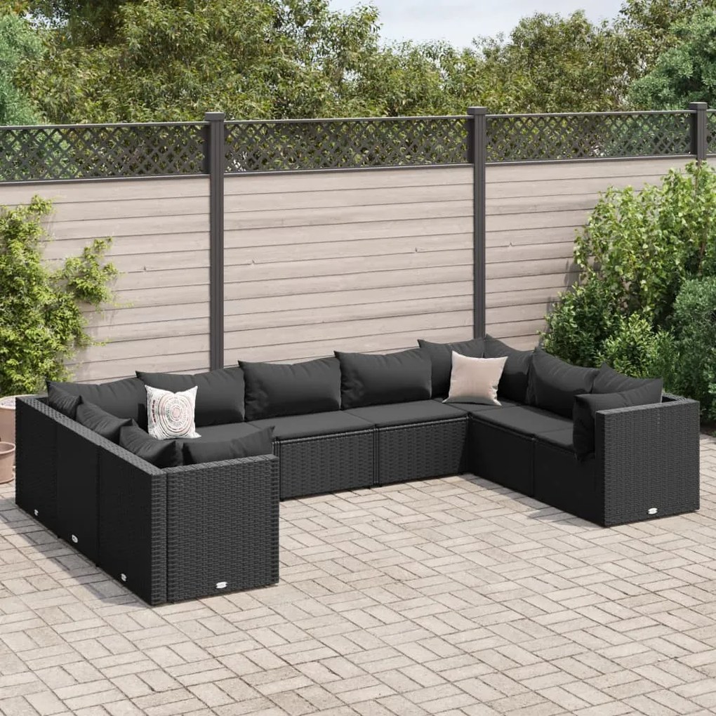 Set salotto da giardino con cuscini 9pz nero in polyrattan