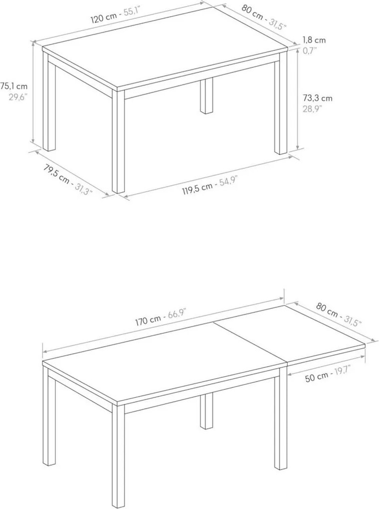 Tavolo TROPEA in legno, finitura bianco frassinato e base in metallo verniciato antracite, allungabile 120&#215;80 cm &#8211; 170&#215;80 cm