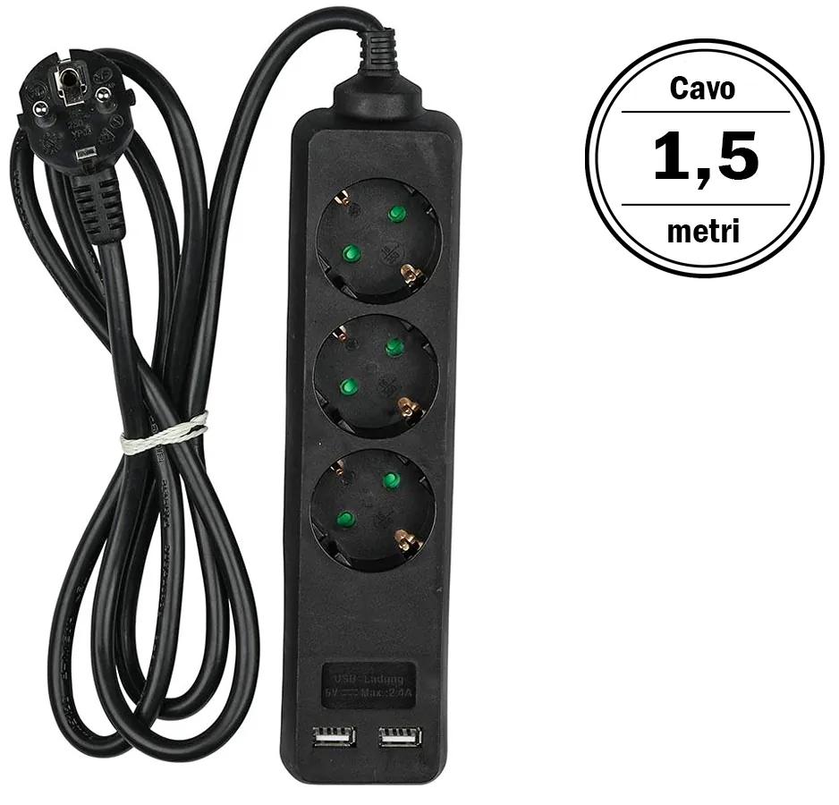 Multipresa Ciabatta Elettrica Con 2 USB e 3 Posti Schuko 10A Cavo Lunga 1,5 Metri Colore Nero 3X1.5 mmq SKU-8776