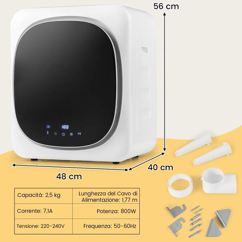 Costway Asciugatrice portatile con cestello in acciaio inox da 5kg touchscreen a LED, Asciugatrice compatta a carica frontale