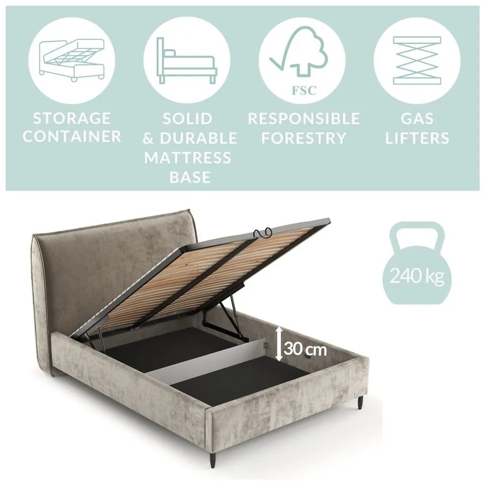 Letto matrimoniale imbottito beige con spazio contenitivo e rete 180x200 cm Shell - Maison de Rêve