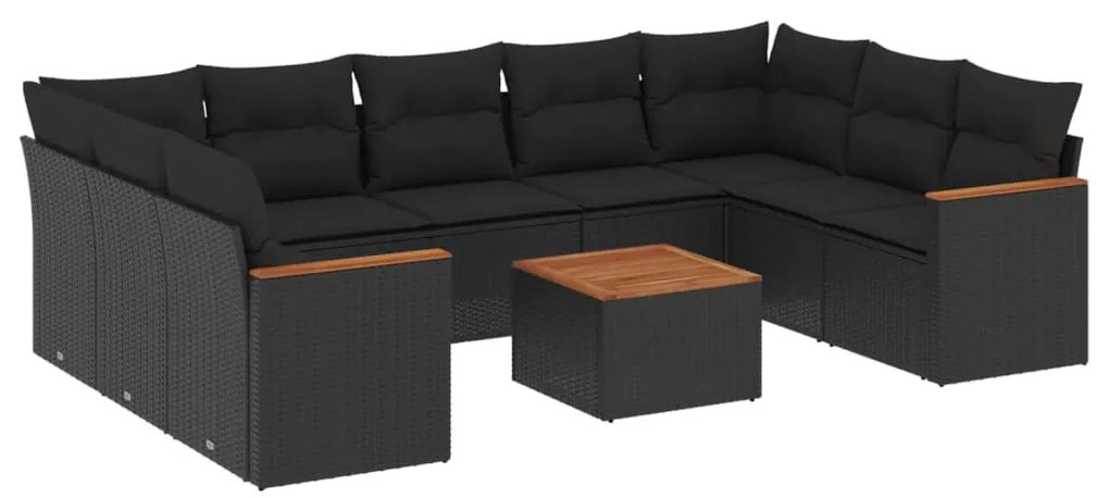 Set divani da giardino 10pz con cuscini in polyrattan nero