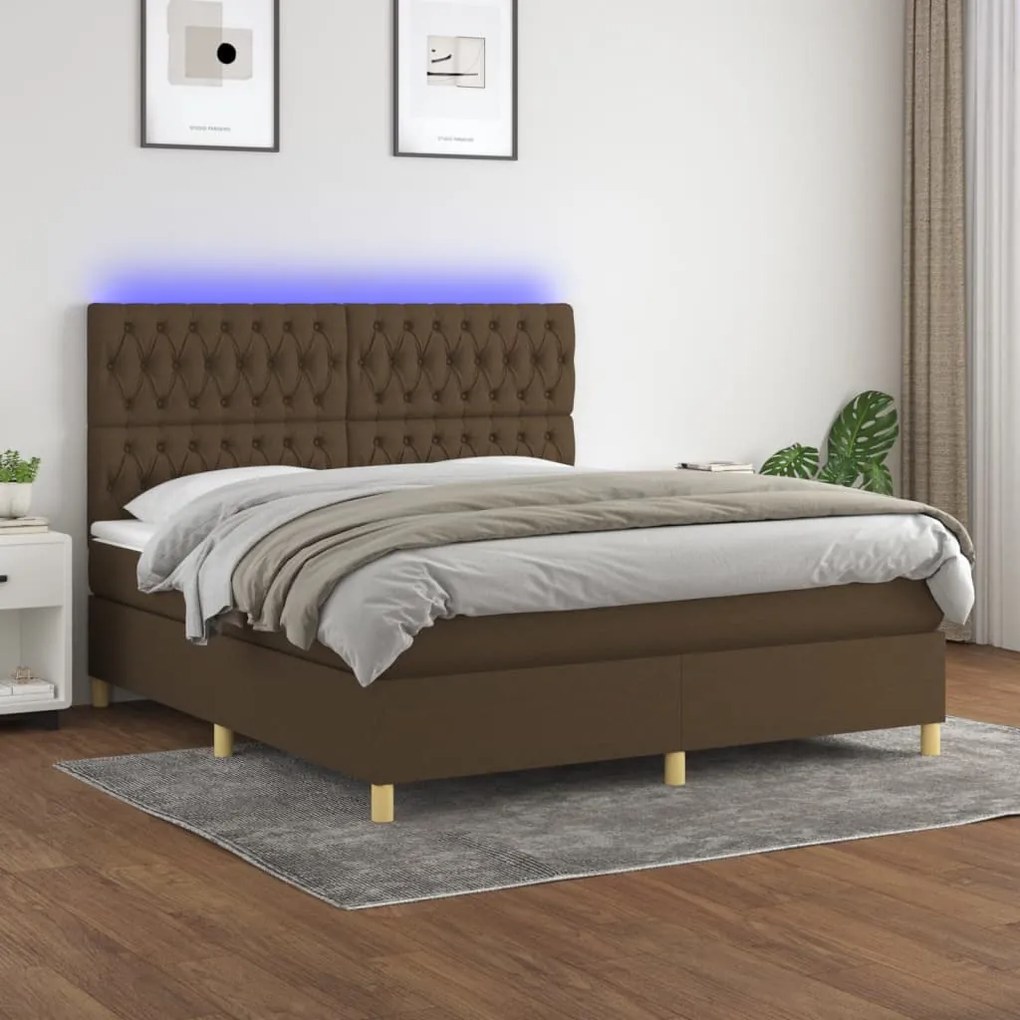 Letto a molle materasso e led marronescuro 180x200cm in tessuto