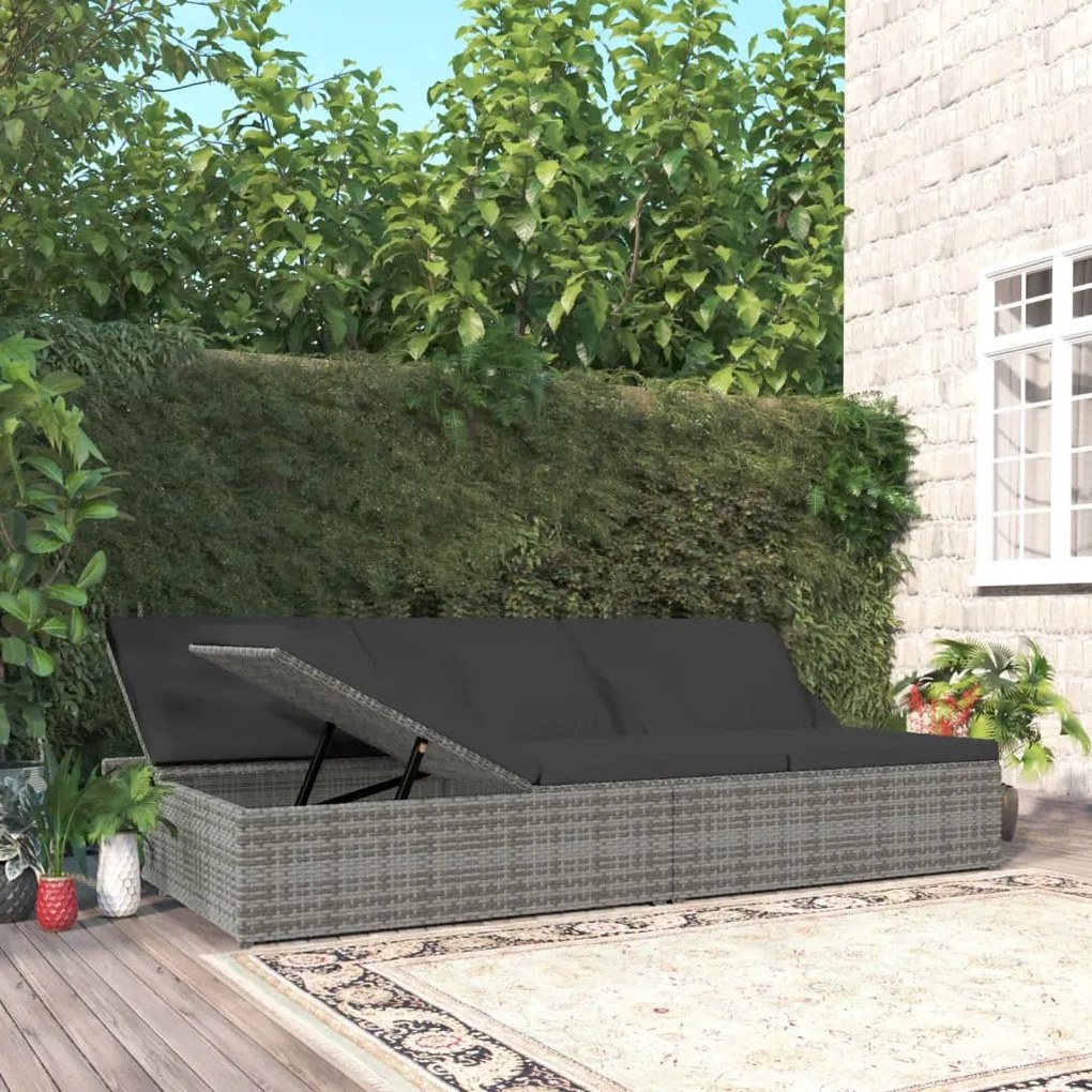 Lettino Reclinabile Con Cuscini İn Polyrattan Grigio Scuro /