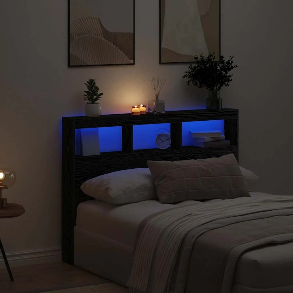 Testiera Con Contenitore A Led Rovere Nero 140x17x102 Cm /