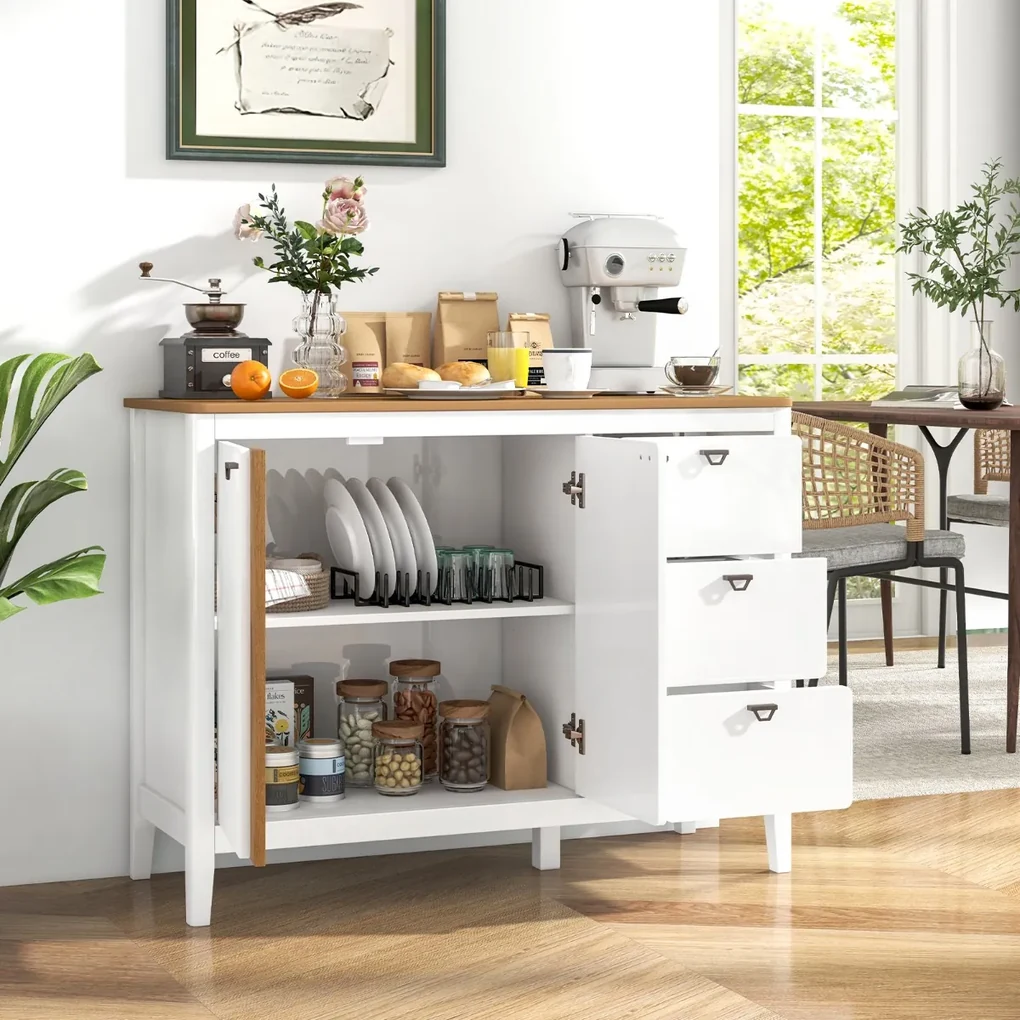 Credenza Legno Con Cassetti COSTWAY Credenza Con 2 Cassetti E 2 Ante - In MDF E Legno Di Pino - 117x38x86.5 Cm, Beige - Per Ingresso, Soggiorno, Ufficio