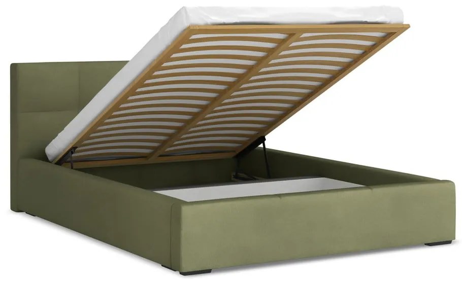 Letto matrimoniale imbottito verde in velluto con contenitore con rete inclusa 140x200 cm Hiko – Makamii