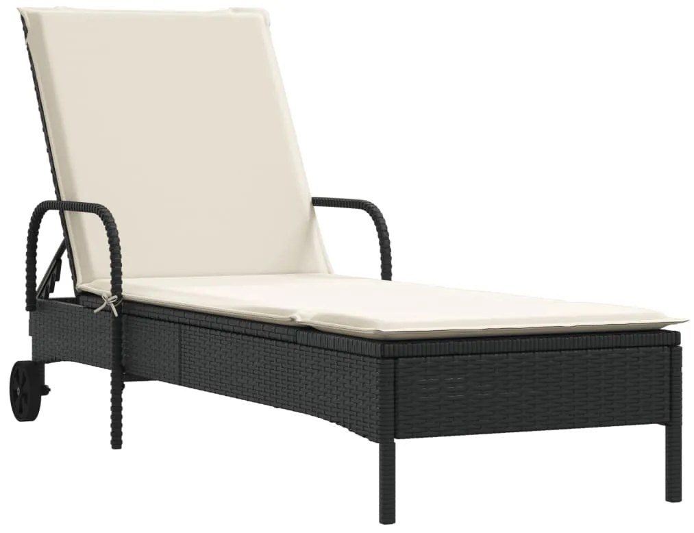 Lettino prendisole con ruote e cuscino in polyrattan nero