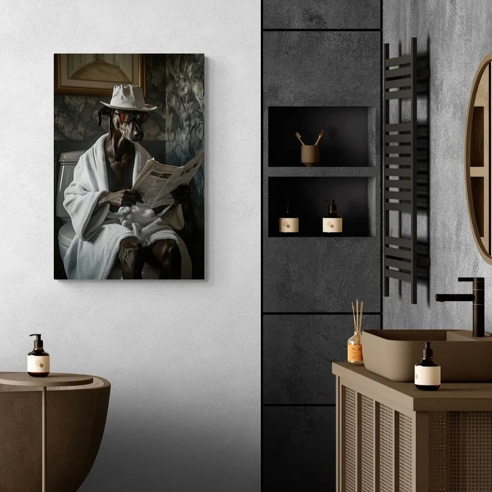 Quadro su tela – Cane con giornale in bagno
