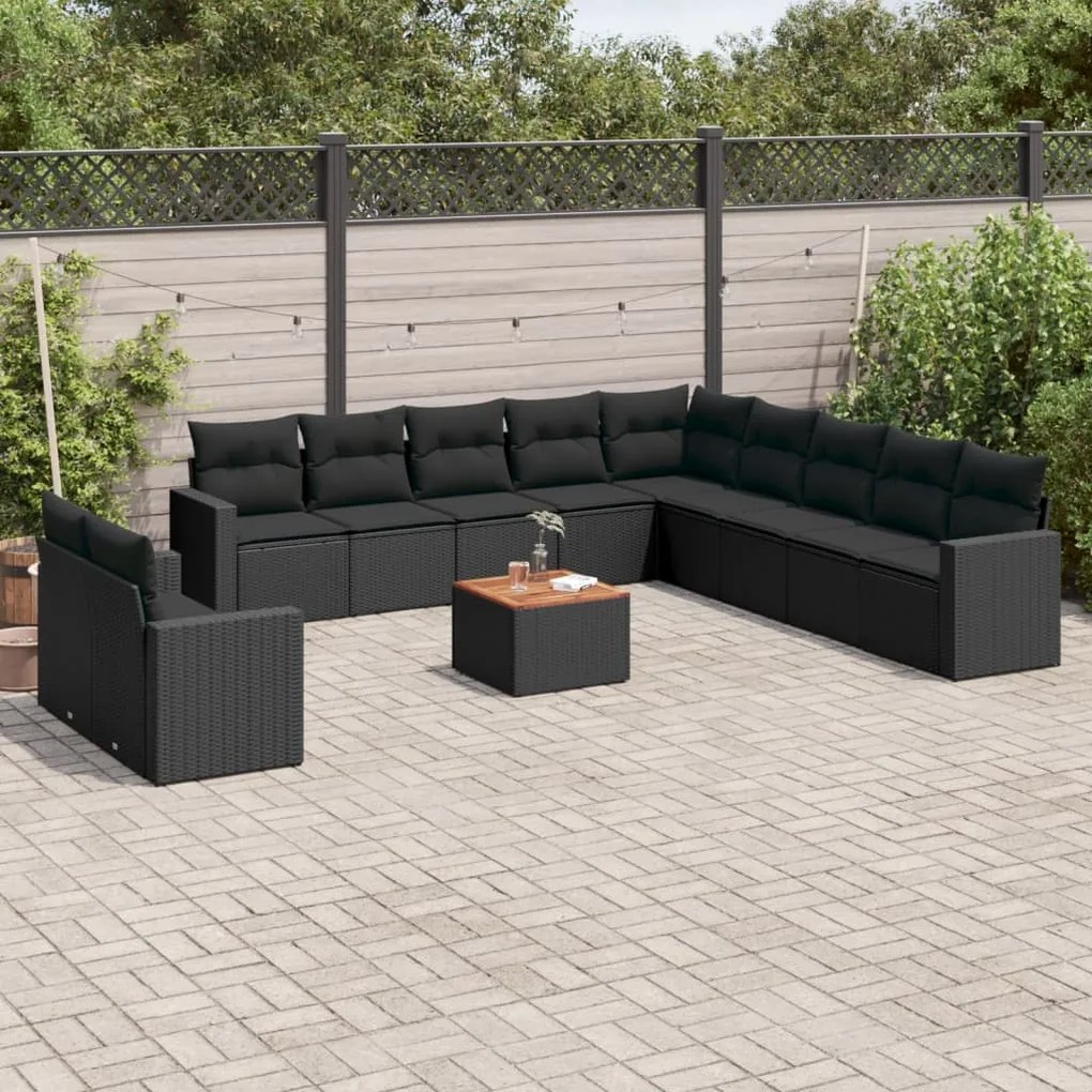 Set Divani da Giardino 12 pz con Cuscini Nero in Polyrattan