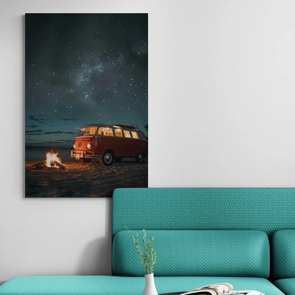 Stampa su tela – Falò sulla spiaggia sotto il cielo notturno - Volkswagen T1