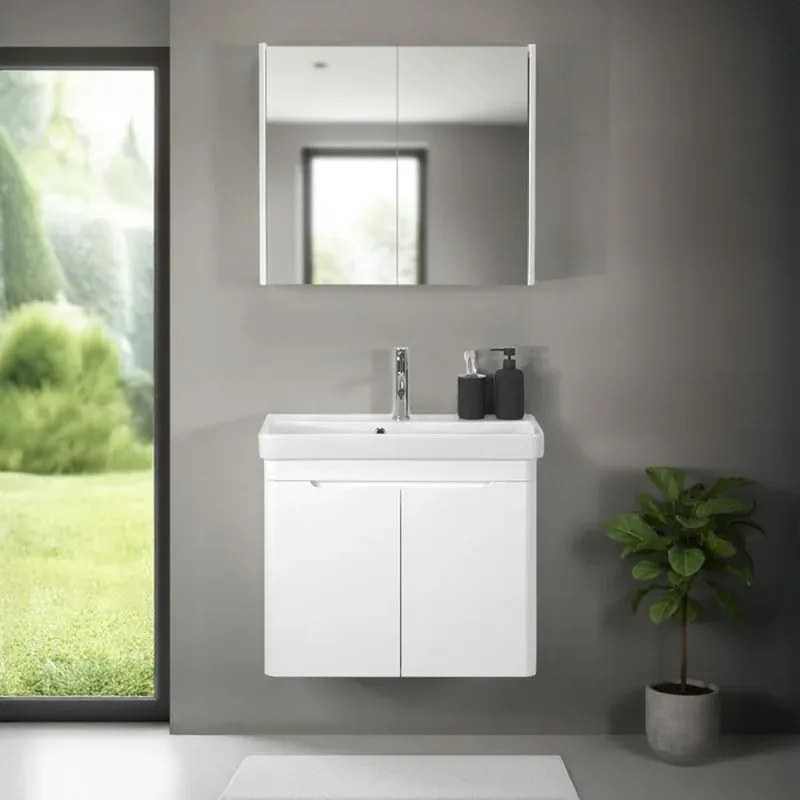 Mobile bagno sospeso 70 cm bianco lucido con armadietto a specchio Clip