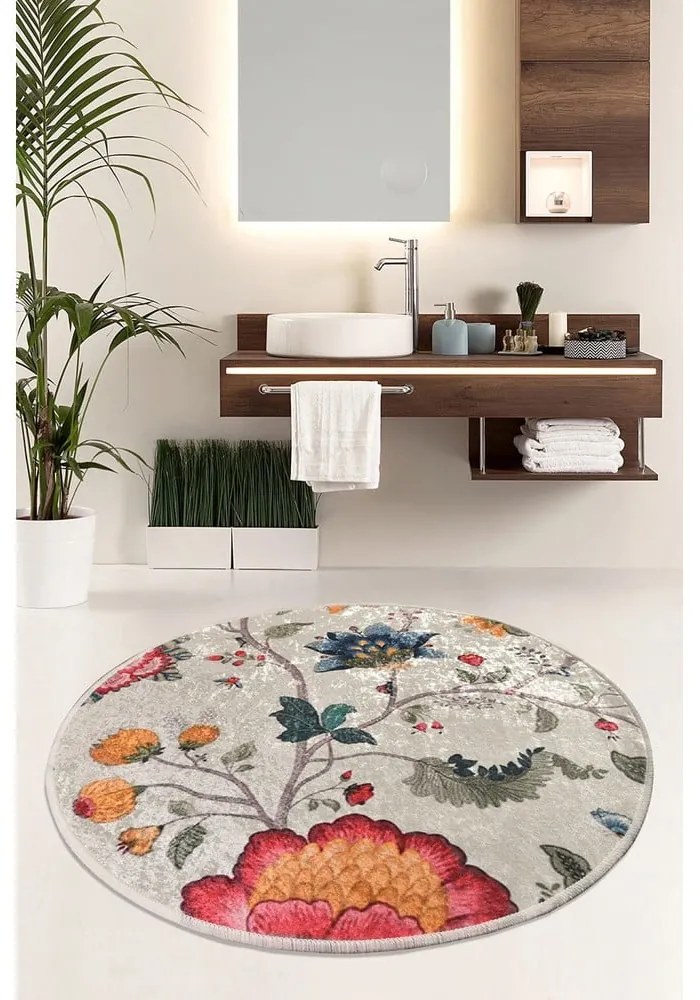 Tappetino per il bagno grigio in velluto ø 100 cm Vintage Flower – Foutastic