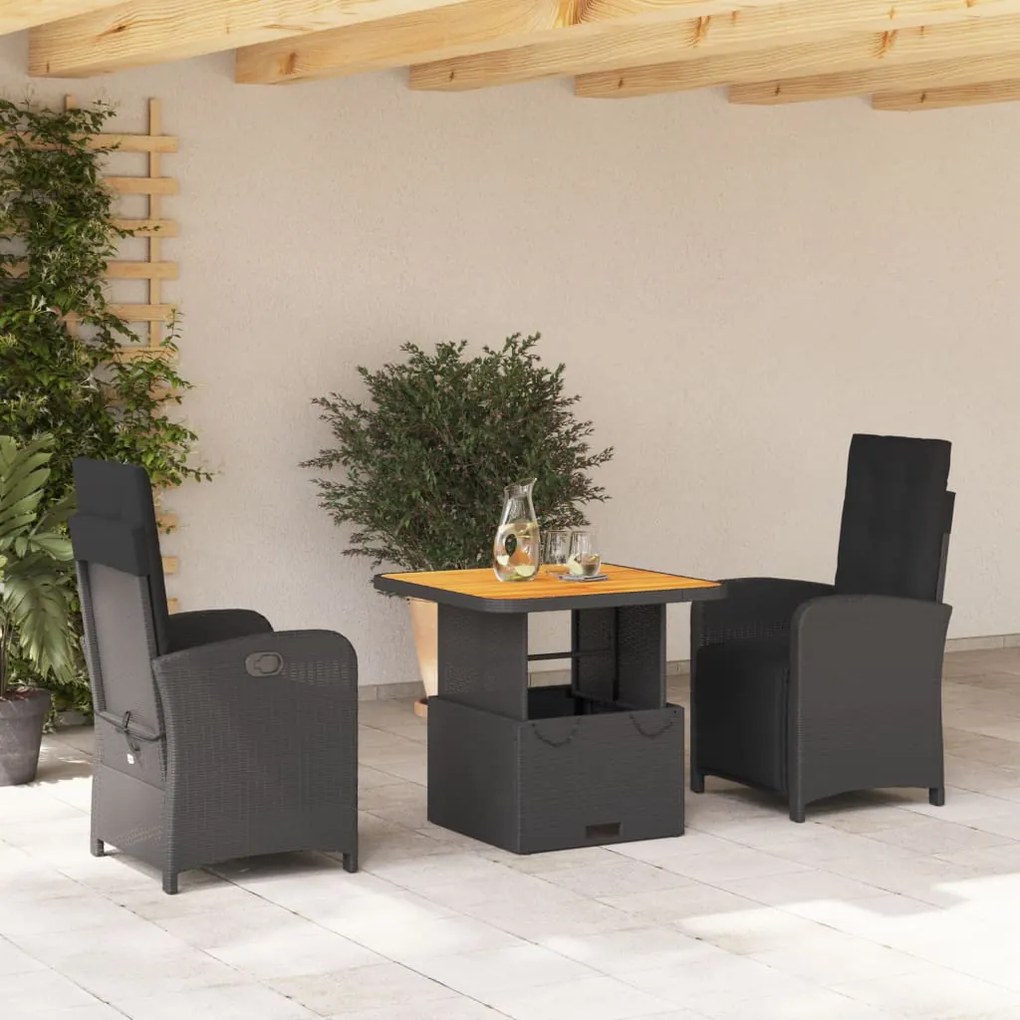 Set da Pranzo da Giardino 3 pz con Cuscini Nero in Polyrattan