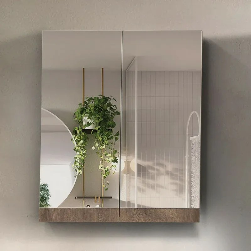 Mobile bagno sospeso 55 cm rovere scuro con specchio contenitore Mona