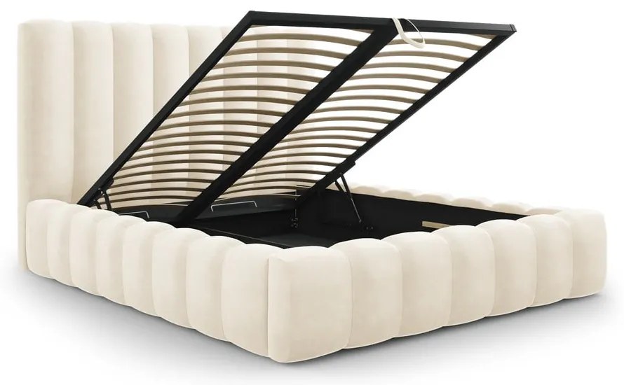 Letto matrimoniale imbottito beige con contenitore con griglia 200x200 cm Kelp - Micadoni Home