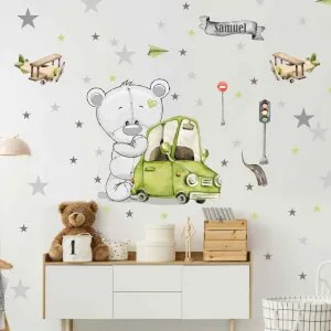 Adesivi murali per ragazzi - Orso con auto retrò | Inspio