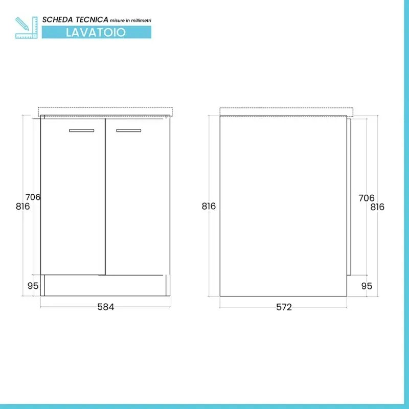 Mobile lavatoio 61x61 cm a due ante con vasca in ceramica Revine