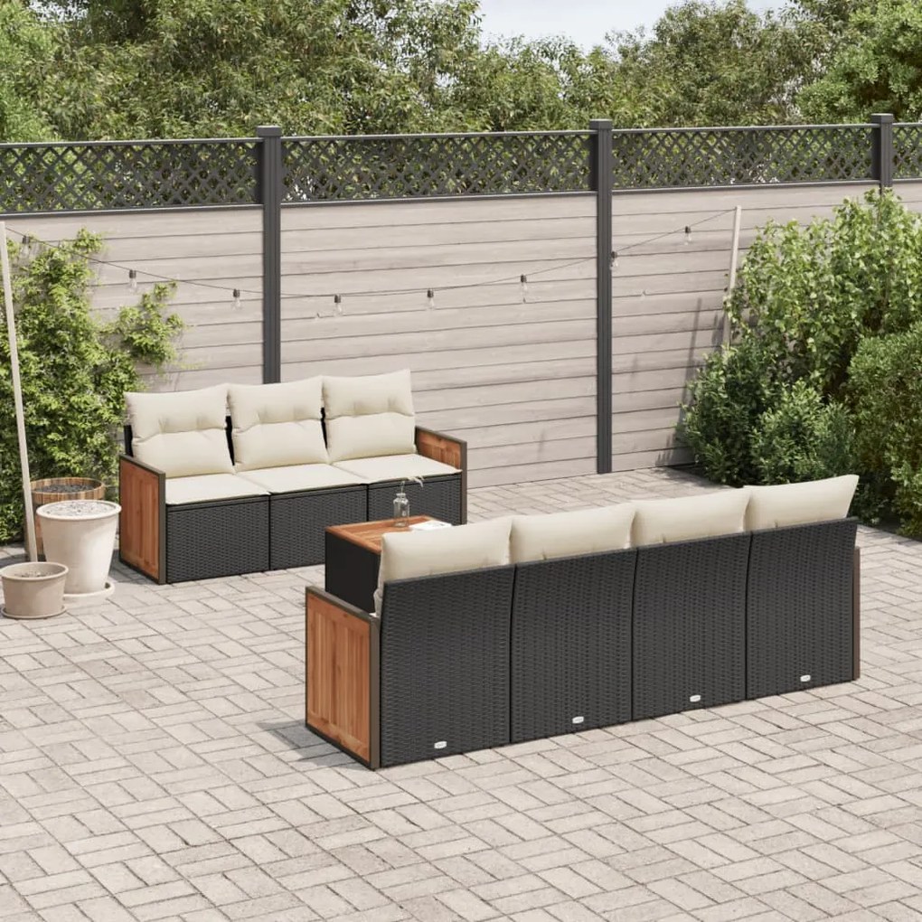 Set divani da giardino con cuscini 8 pz nero in polyrattan