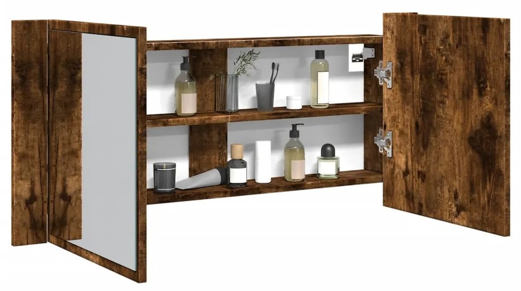 Armadietto A Specchio Con Led Rovere Fumo 100x12x45 Cm /