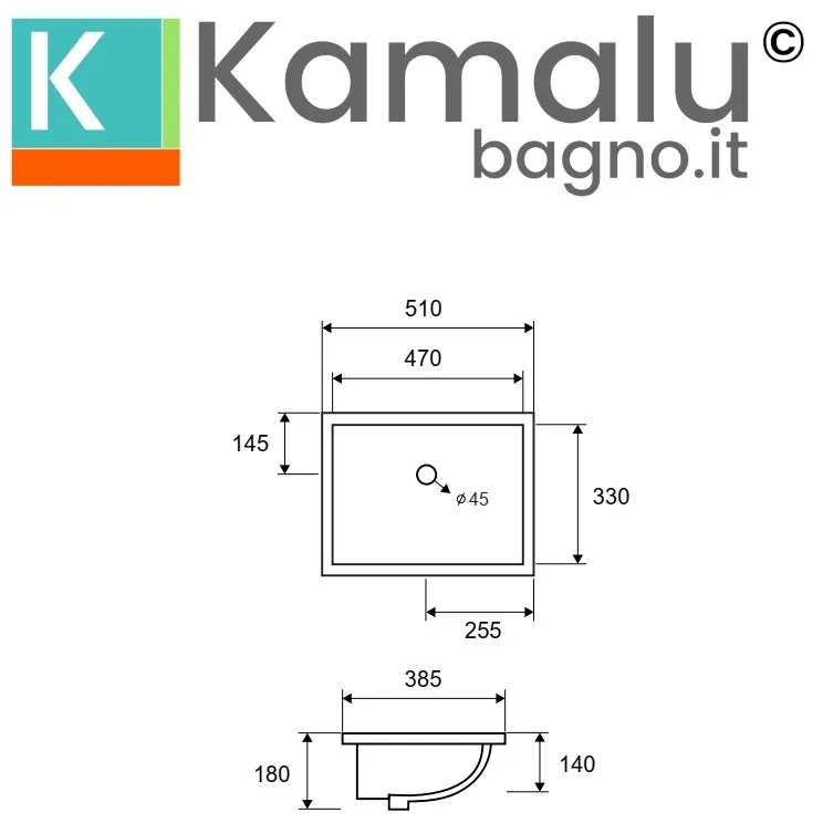 Kamalu - lavabo da incasso sottopiano rettangolare ceramica bianca | litos-652