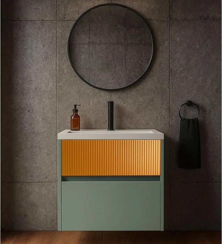 Mobile da bagno sospeso sotto lavabo Niwa 2 cassetti L 59.5 x H 50 x P 45.5 cm verde timo e senape cannettato