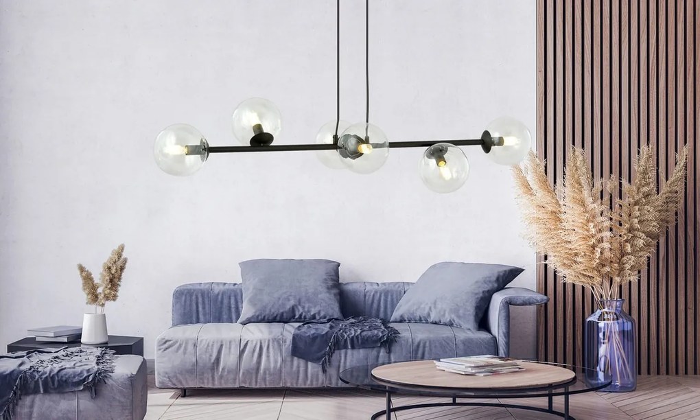 Lampadario a Sospensione in Acciaio e Vetro ROSSI 6 Nero 6xE14
