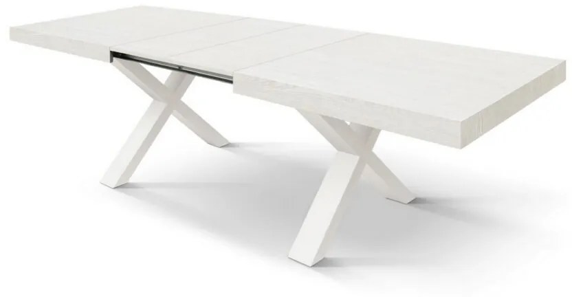 Tavolo allungabile AMALFI in legno bianco frassinato e gambe a X bianche, allungabile 180×90 cm – 260×90 cm