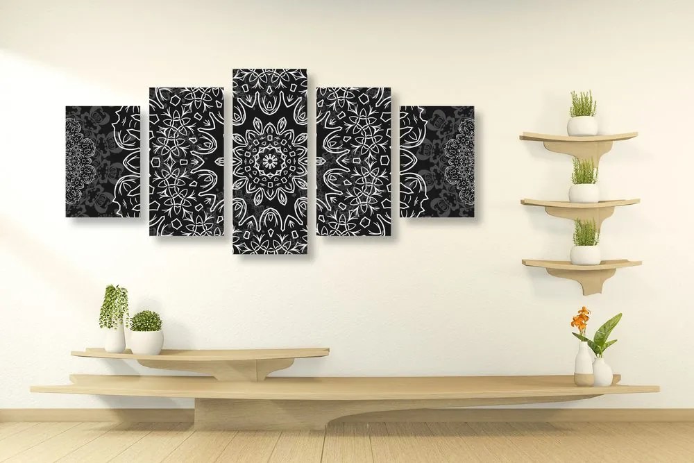 Quadri 5 pezzi – Mandala con motivo astratto in bianco e nero