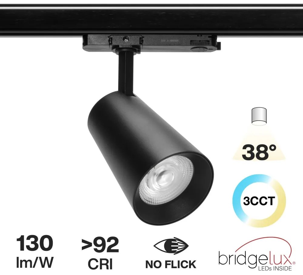 Faro LED 40W Trifase Nero CRI92 CCT Bianco Variabile 38° Bridgelux LED Colore Bianco Variabile CCT